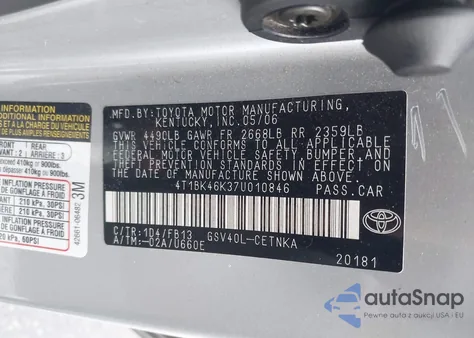 2007 Toyota Camry Le V6 из США, поврежденный, VIN 4T1BK46K37U010846